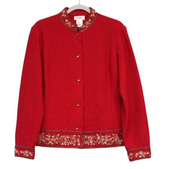 Talbots Jacket Size Large Petite 100% Wool Red Classic Embroidered Sequin Beaded - Picture 1 of 15